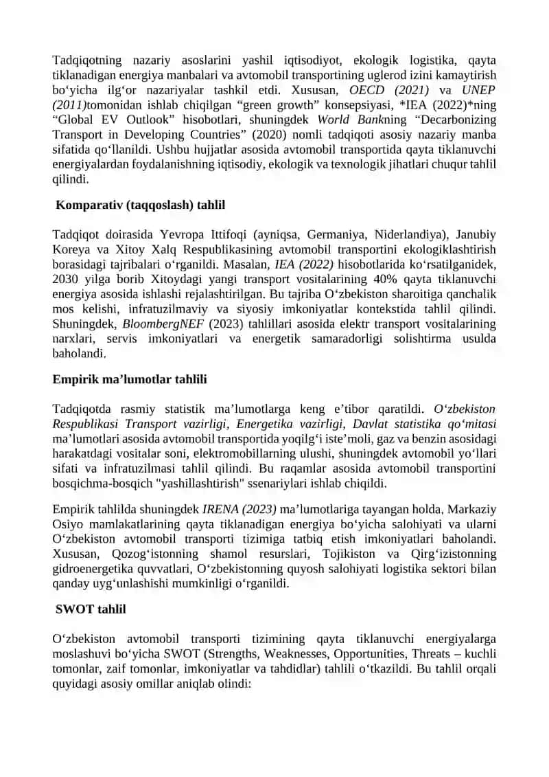 O‘ZBEKISTON AVTOMOBIL TRANSPORTI TIZIMIDA QAYTA TIKLANUVCHI ENERGIYA MANBALARINI JORIY ETISH: MARKAZIY OSIYO MAMLAKATLARI BILAN HAMKORLIK ISTIQBOLLARI 3