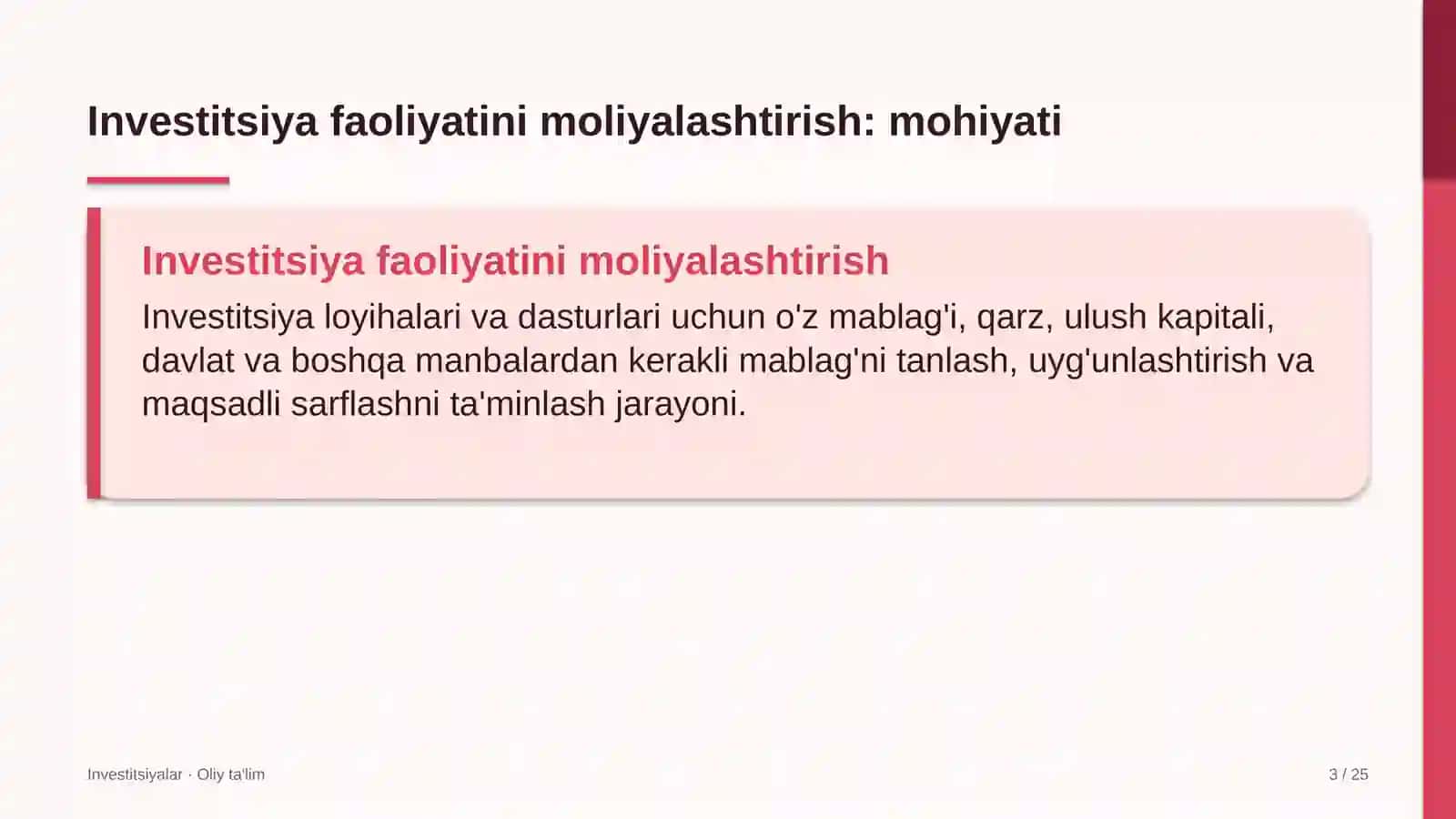Investitsiyalar · Oliy ta'lim 3