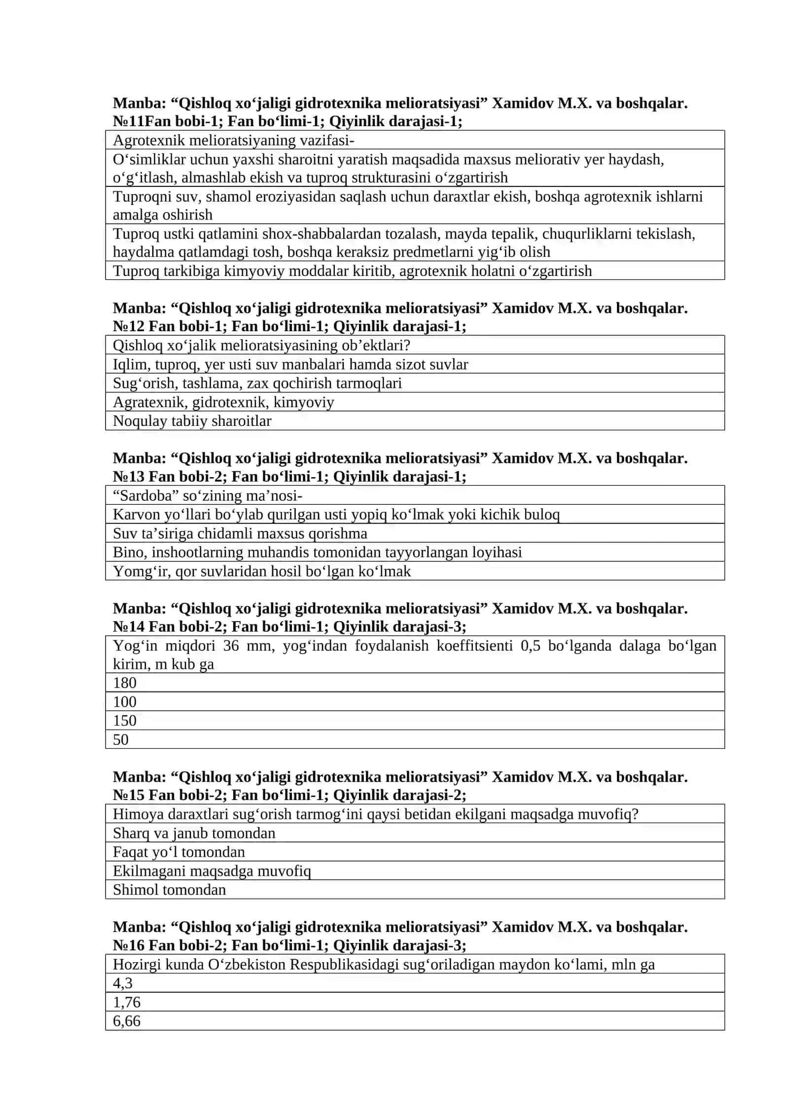 Irrigatsiya va Melioratsiya fanidan test savollari 3