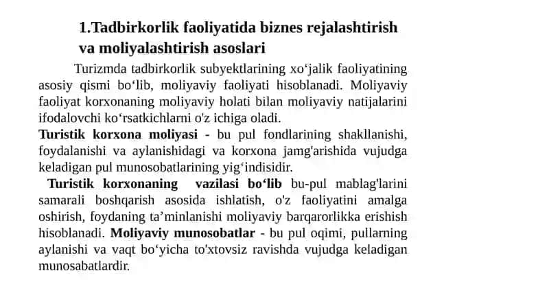 Turizm datadbirkorlikni moliyalashtirish va kredit bilantlash xususiyatlari 3
