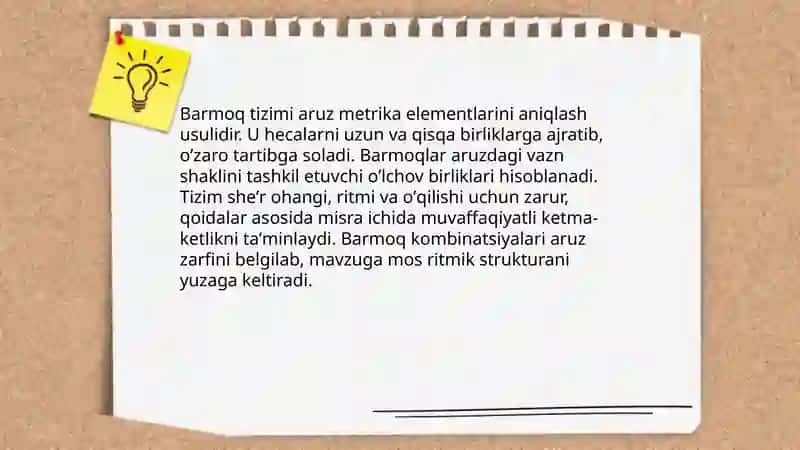 Barmoq tizimi.Aruz vazni 3