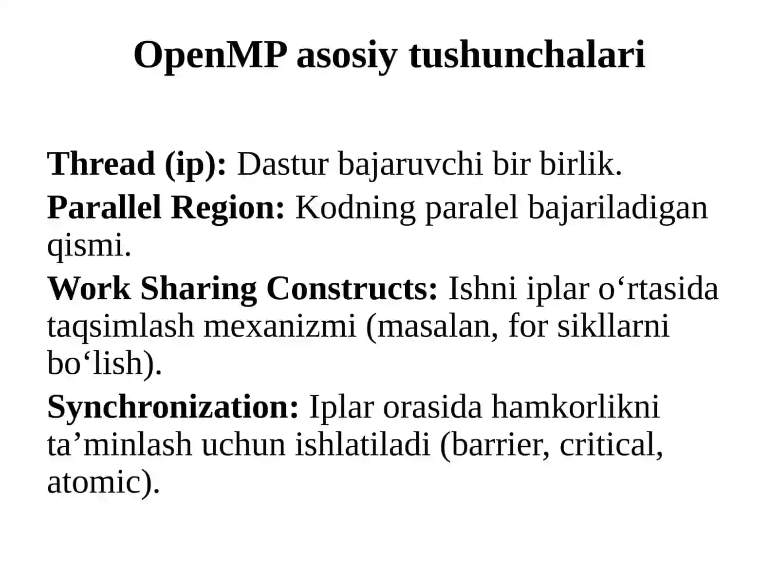OpenMP standarti OpenMP standartining yigʻma xotirali tizimlarda parallel dasturlash uchun qanday qoʻllanilishi oʻrganiladi. Dasturiy kodga direktivalar yordamida for sikllarini va boʻlimlarni parallellashtirishga misollar koʻrsatiladi 3