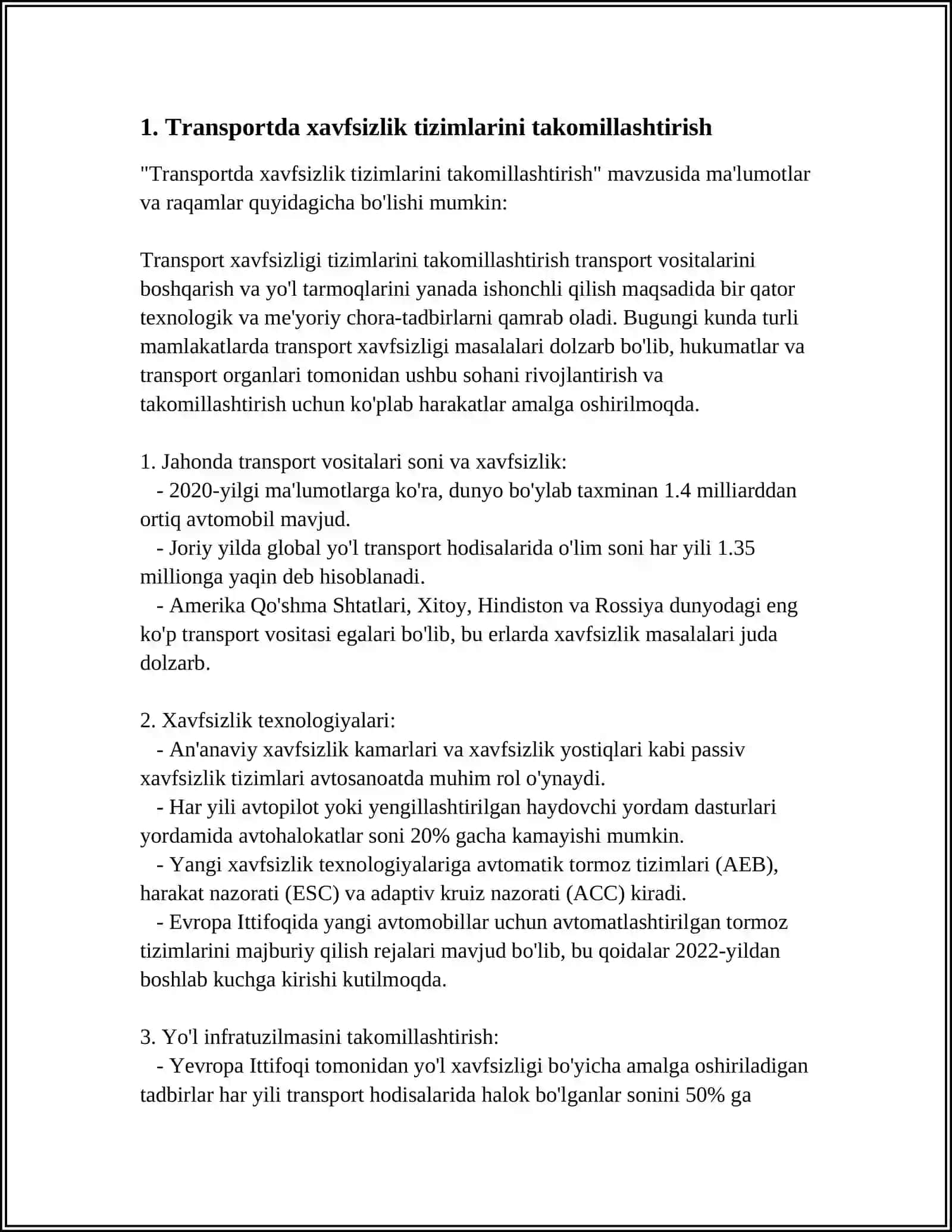 TRANSPORTDA ILMIY, HAVFSIZLIK HAMDA EKOLOGIYA MUAMMOLAR VA ULARNI YETISHLARINI O‘RGANISH 3
