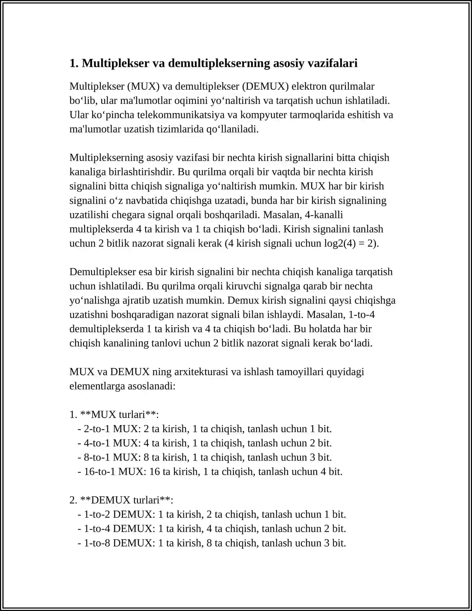 MULTIPLEXER VA DEMULTIPLEXERLARNING KOMPYUTER ARXITEKTURASIDAGI ROLI 3