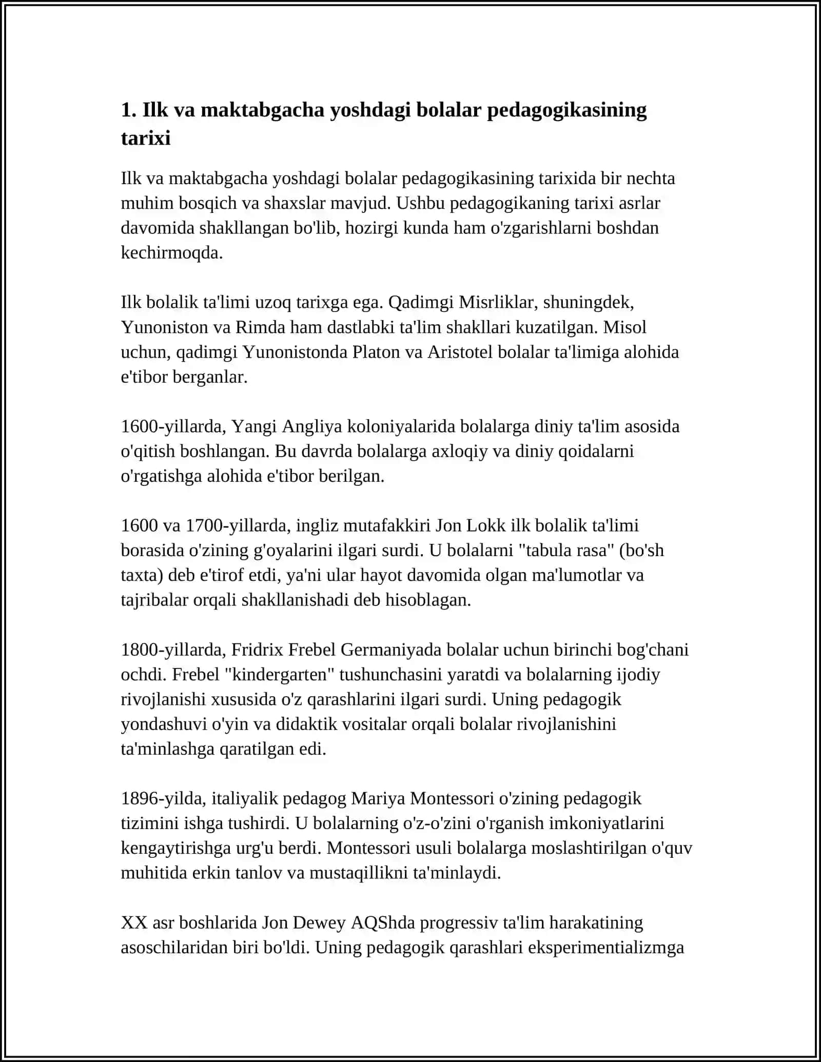 ILK VA MAKTABGACHA YOSHDAGI BOLALAR PEDOGOGIKASINING FAN SIFATIDA RIVOJLANISH BOSQICHLARI,MAKTABGACHA TALIMNING TASHKIL TOPISHI 3