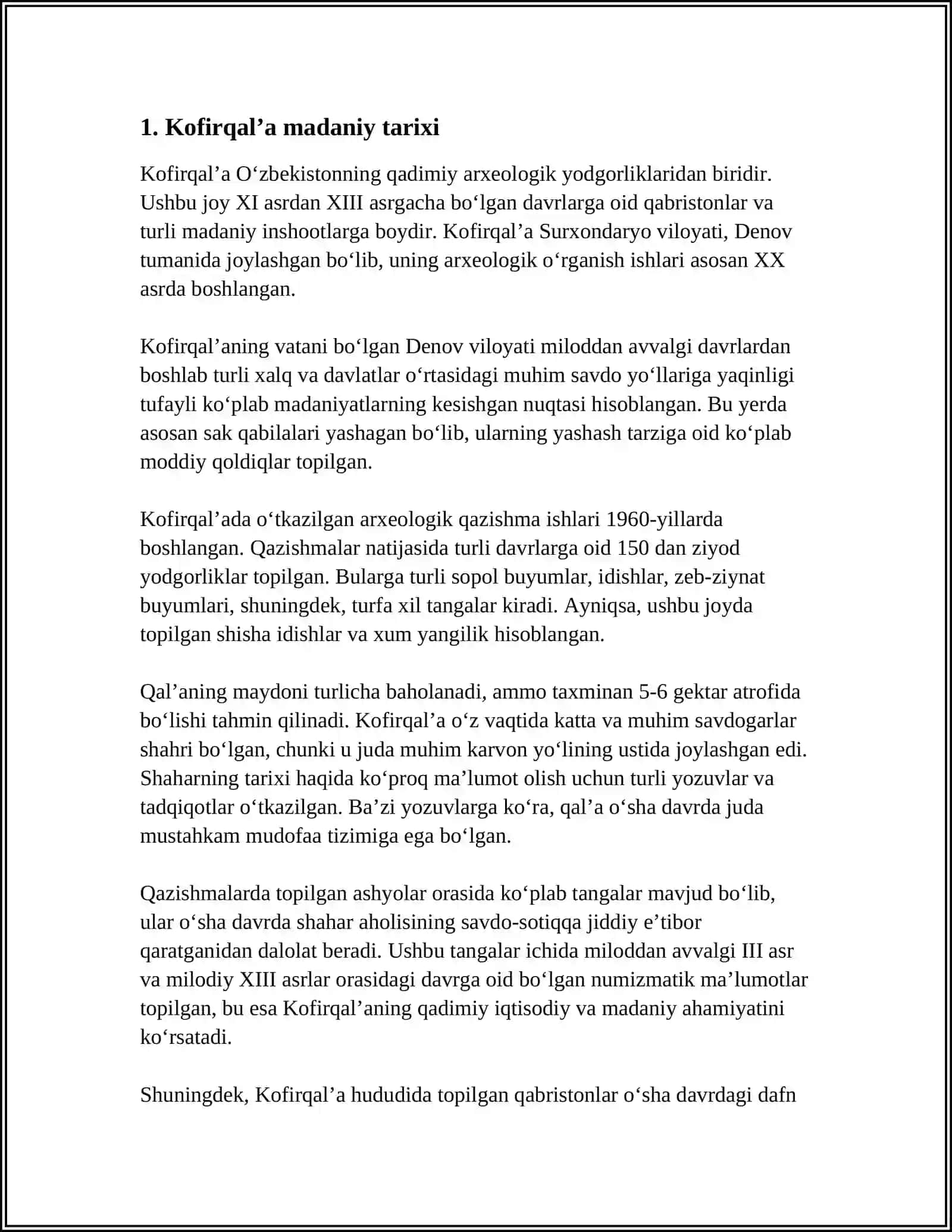 KOFIRQALʼA MADANIY YODGORLIGI HAQIDA MAʼLUMOT 3