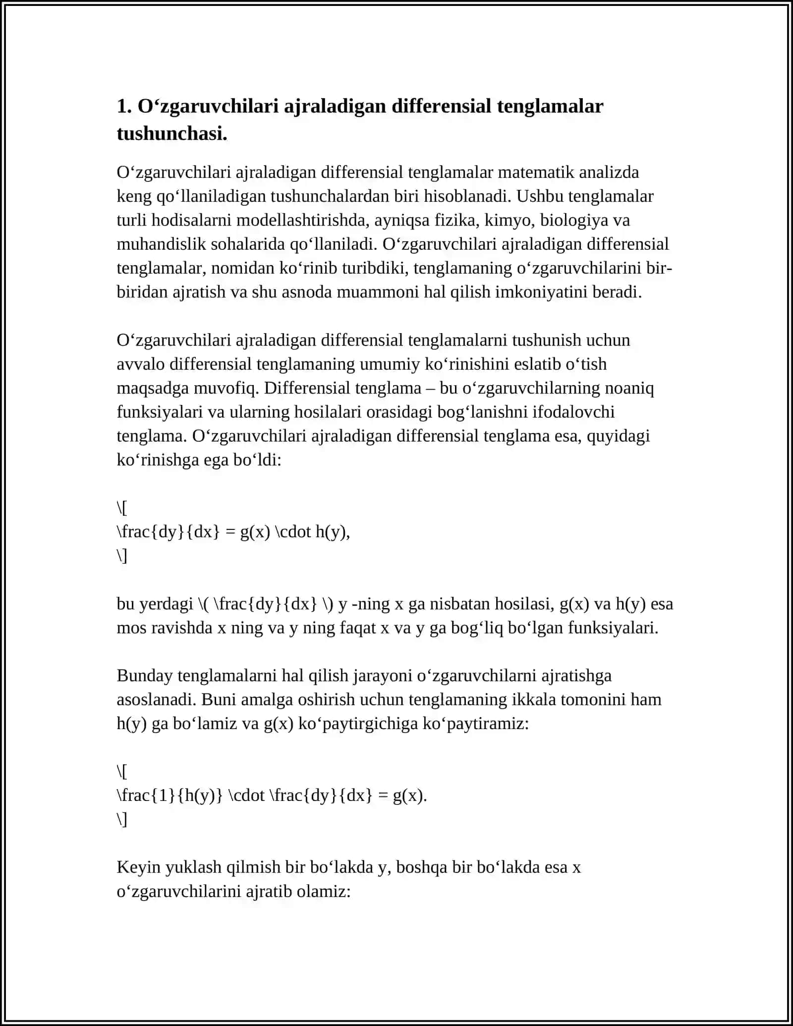 OʻZGARUVCHILARI AJRALADIGAN DIFFERENSIAL TENGLAMALAR VA ULARNI YECHISH 3