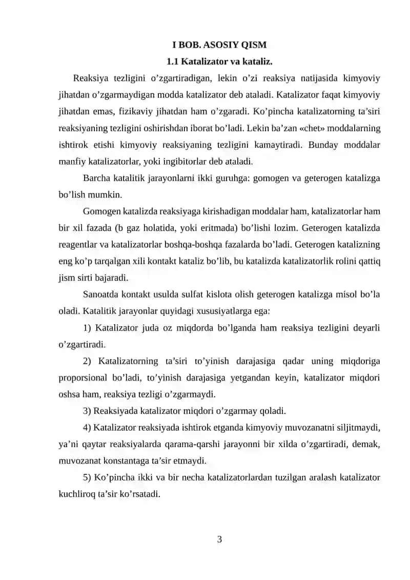 Katalitik riforming jarayoni va rivojlanish tarixidan kurs ishi 3