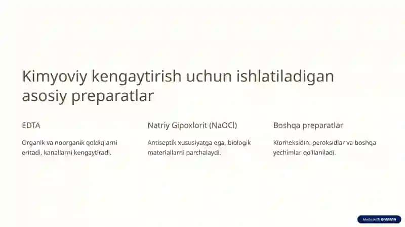 Ildiz kanallarini kimyoviy usulda kengaytirish. Preparatlar 3