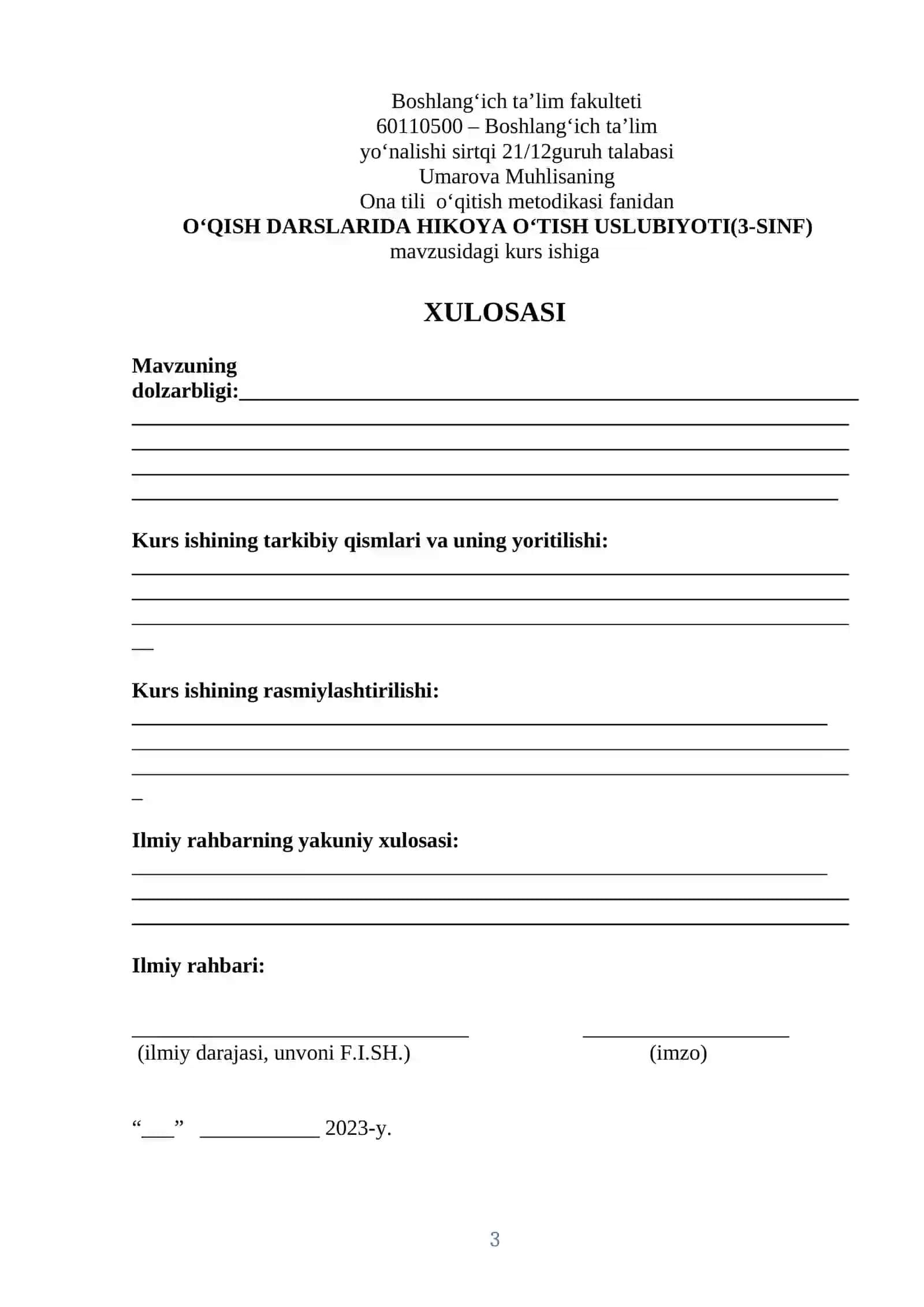 O‘QISH DARSLARIDA HIKOYA O’TISH USLUBIYOTI (3-SINF) 3