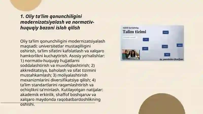 Oliy taʼlim tizimidagi oʼzgarishlar, islohotlar 3