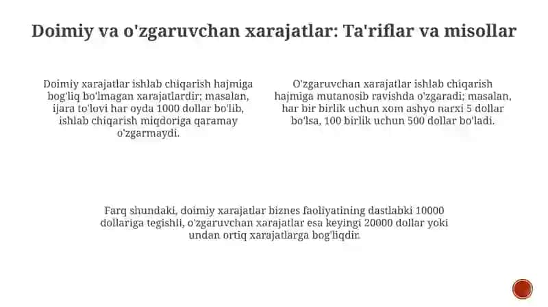Xarajatlarni doimiy va o'zgaruvchan xarajatlar bo'yicha tahlil qilish 3