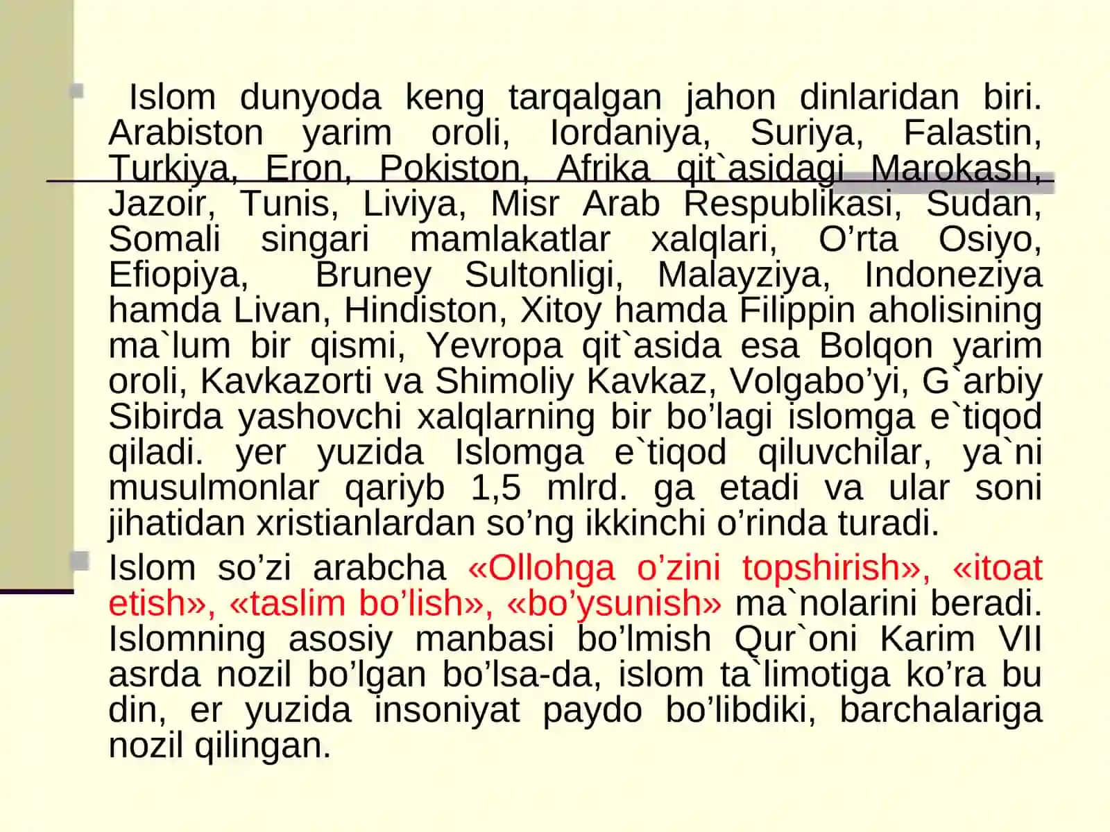 «JAHON DINLARI. ISLOM» MАVZUSIDАGITАQDIMОT 3