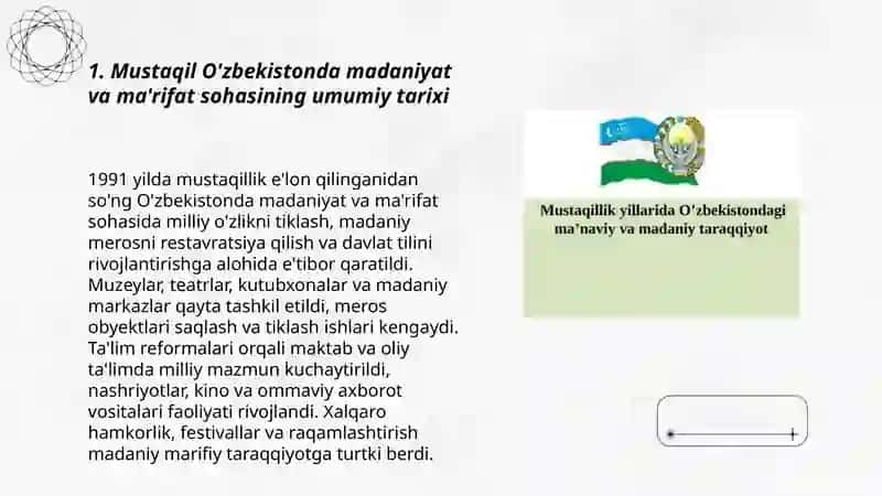Mustaqil O'zbekiston dagi madaniy marifiy taraqqiyot 3