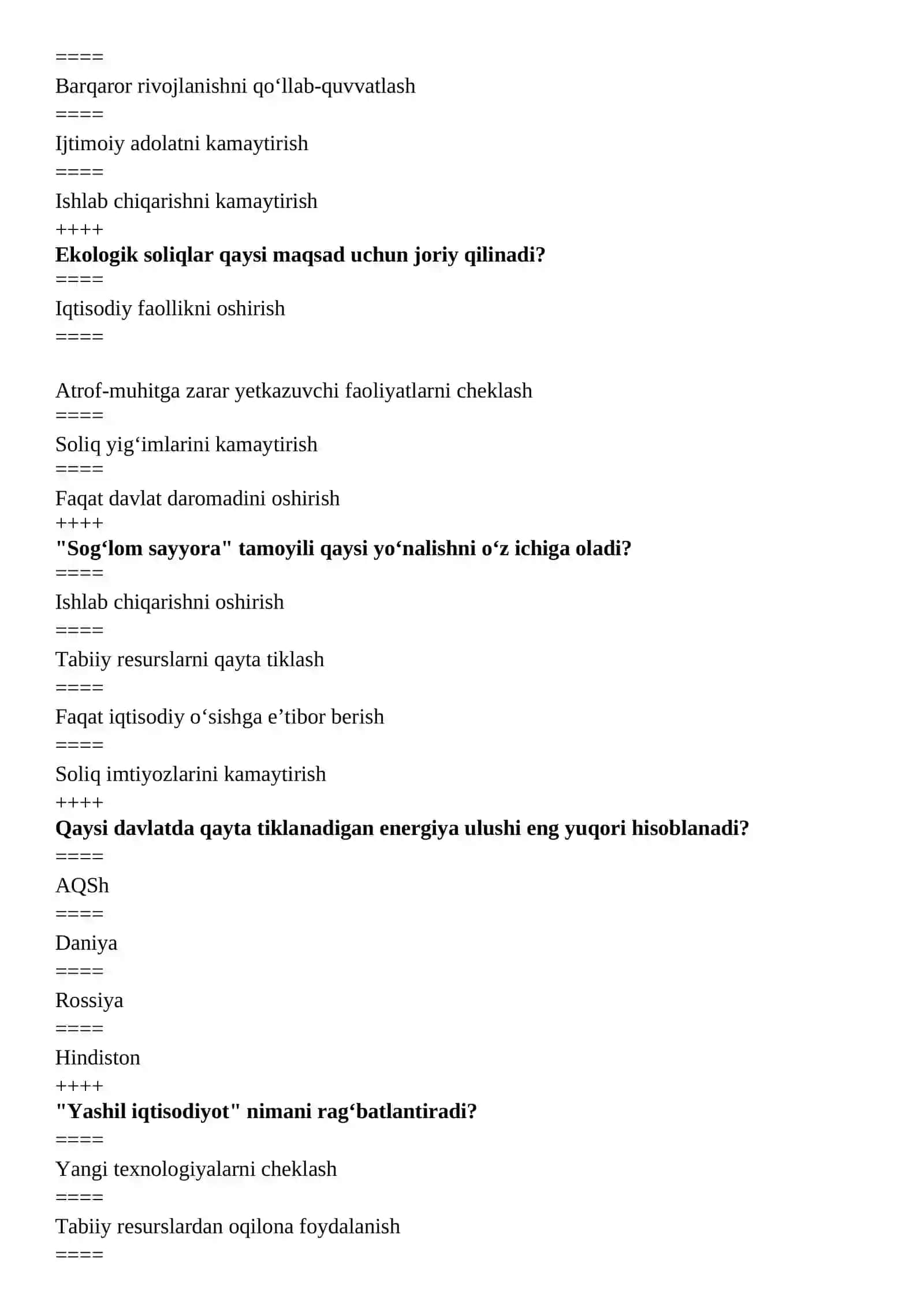 Yashil iqtisodiyot fanidan yakuniy testlar 3
