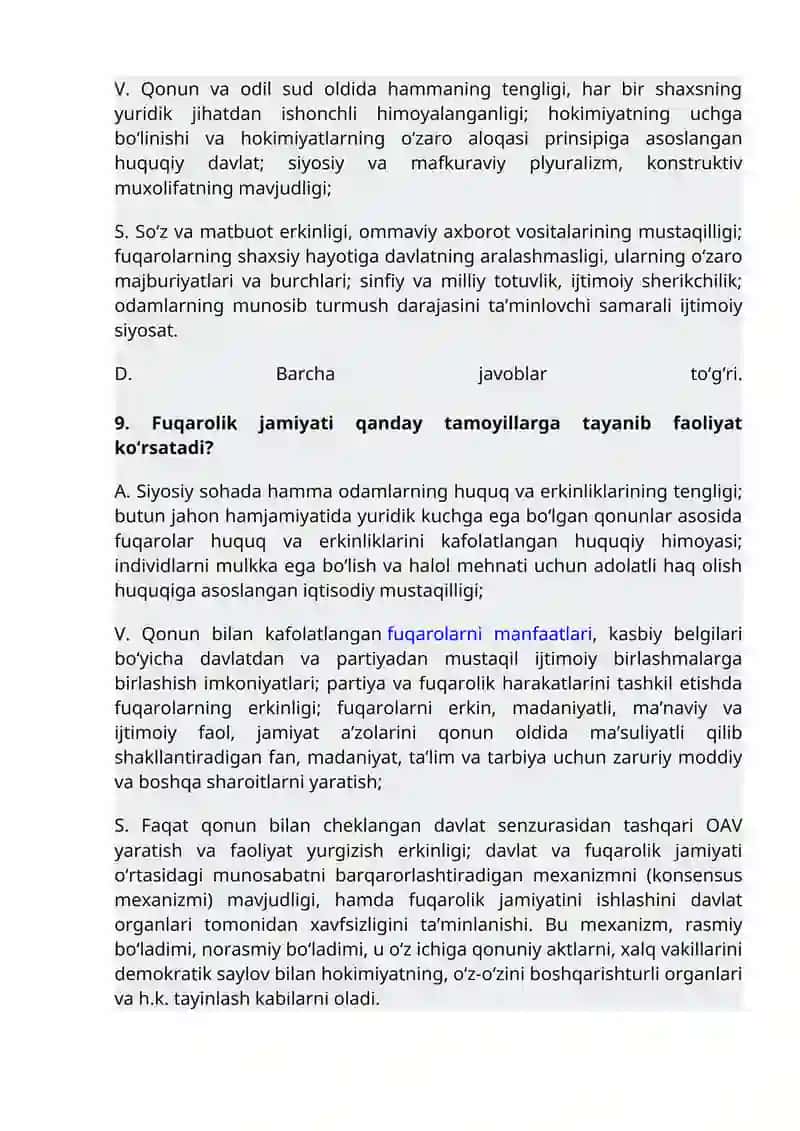 "Fuqarolik jamiyati”fanidan testlar 3