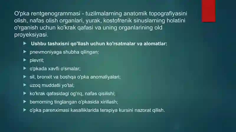 O’pka va ko’ks oralig’i kasalliklari nur bilan tekshirish usullari 3