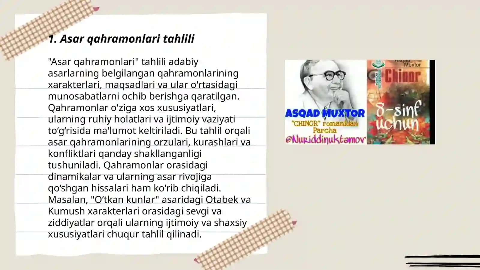 Asqad Muxtorning "Chinor" romani tahlili 3