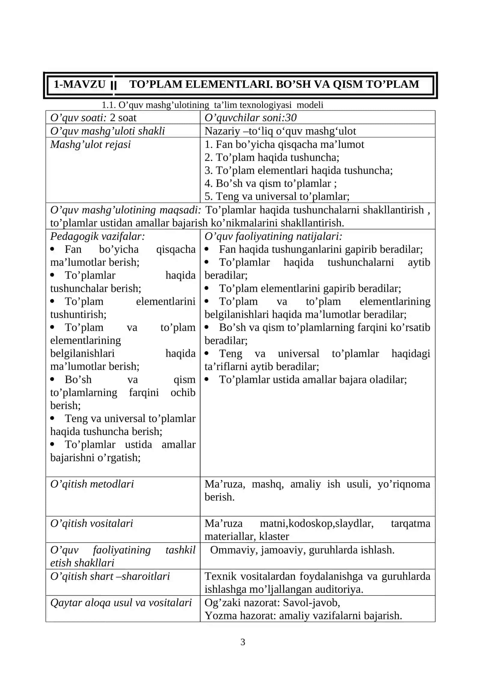 NАZАRIY VА АMАLIY MАSHG’ULОTLАRDА DARS ISHLANMALARI 3