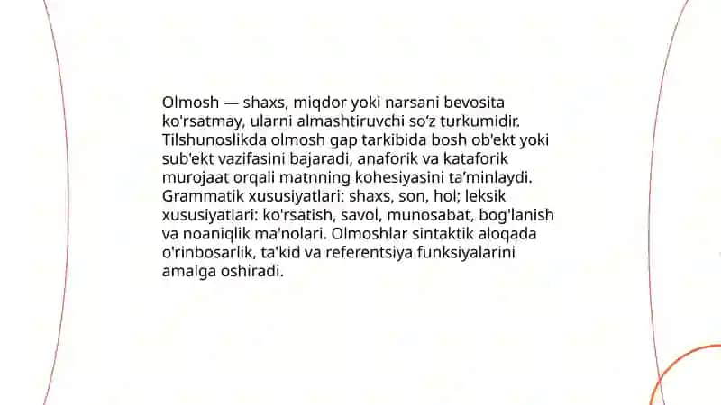 Olmoshning ta'rifi. Olmoshlarning mano turlari 3