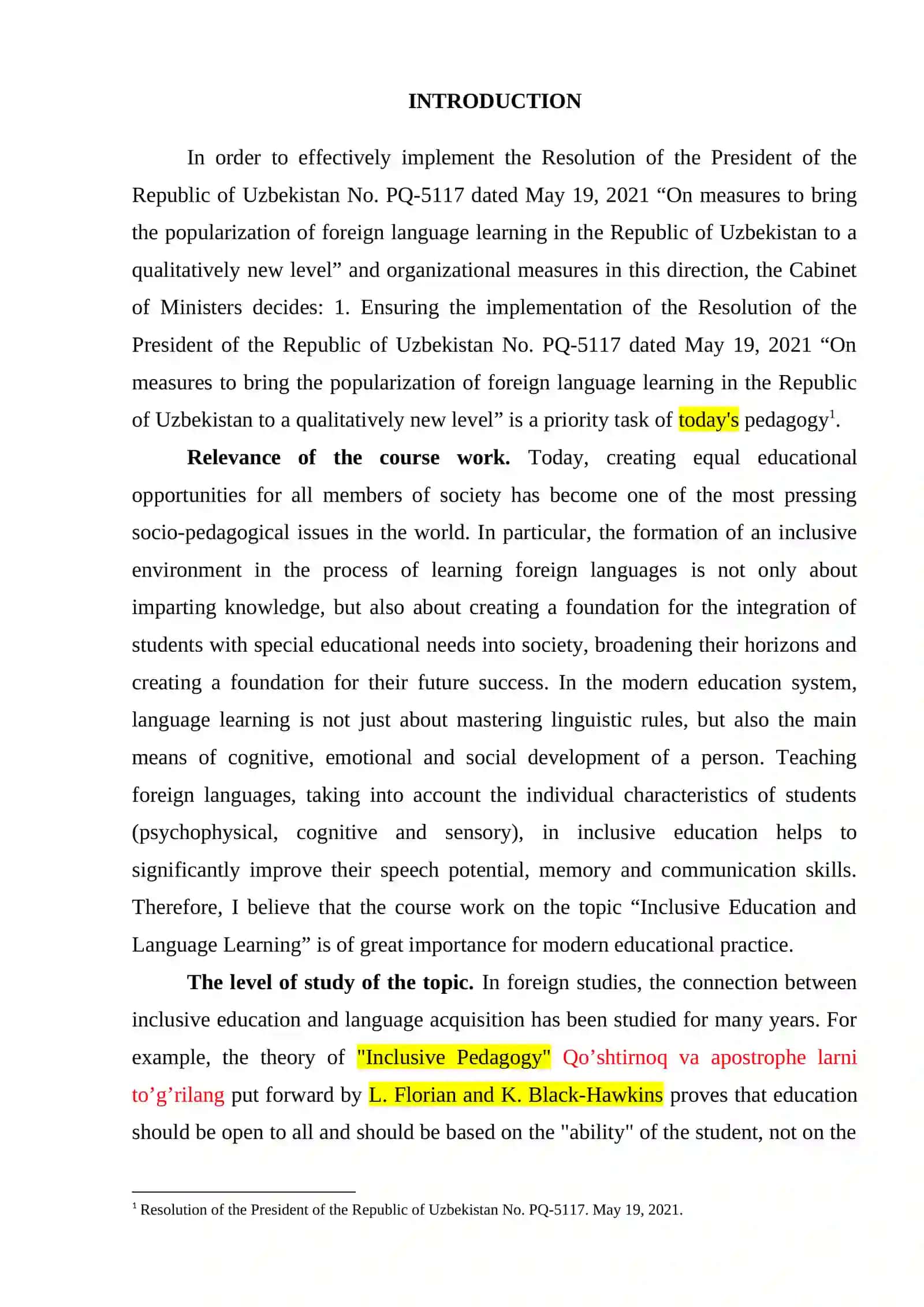 the importance of foreign language learning in Uzbekistan, referencing a presidential resolution 3