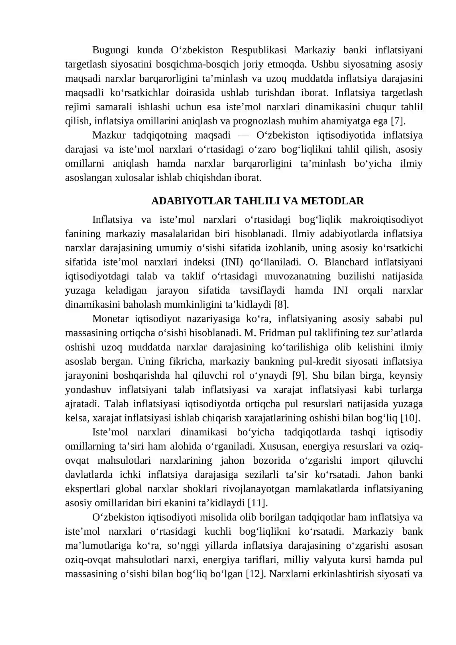 O‘ZBEKISTON IQTISODIYOTIDA INFLATSIYA VA ISTE’MOL NARXLARI BOG‘LIQLIGI 3