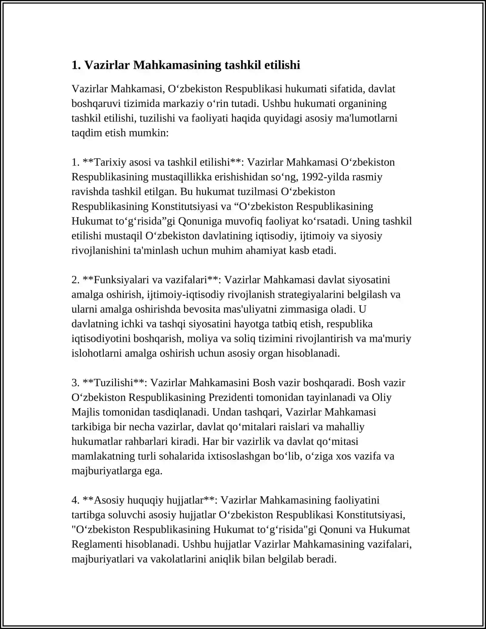 MUSTAQIL ISH Mavzu: O'ZBEKISTON RESPUBLIKASI HUKUMATINI TASHKIL ETISH TARTIBI, UNING TARKIBI VA FAOLIYATINI AMALGA OSHIRISH TARTIBI 3