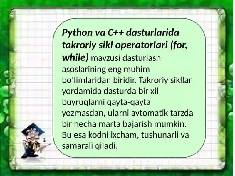 Python va C++ dasturlarida takroriy sikl operatorlari (for, while) 3
