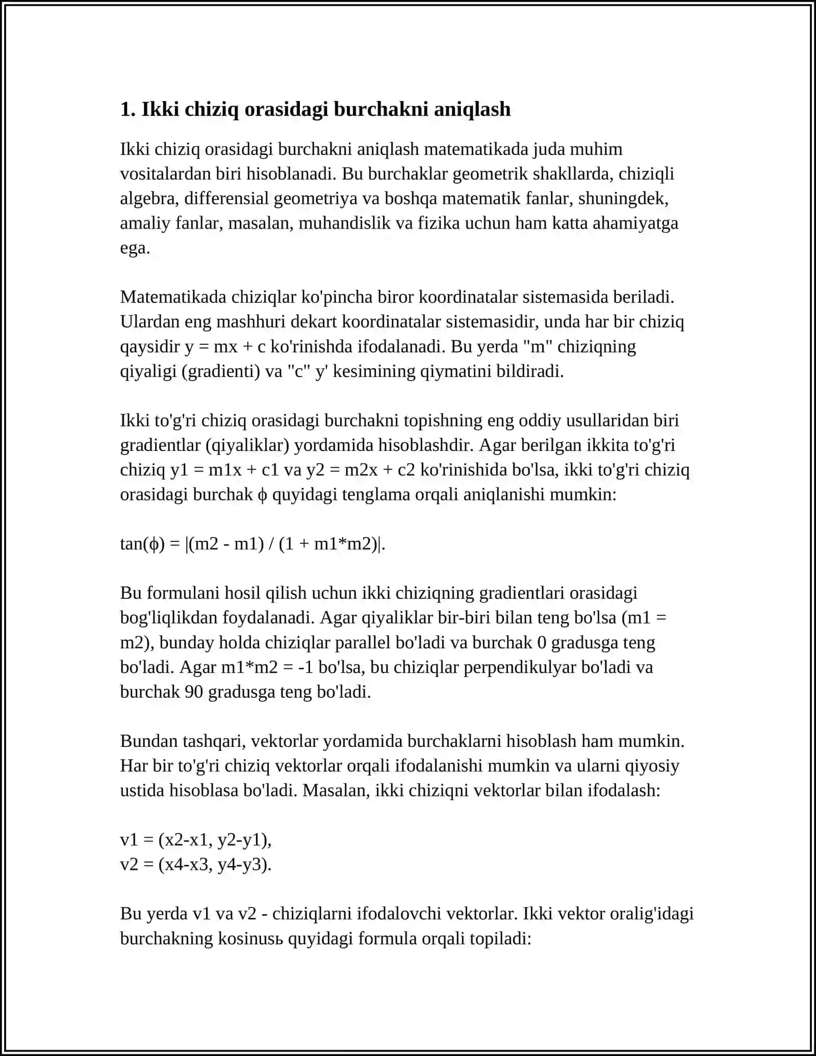 IKKI CHIZIQ ORASIDAGI BURCHAK, UNI HISSOBLASH 3