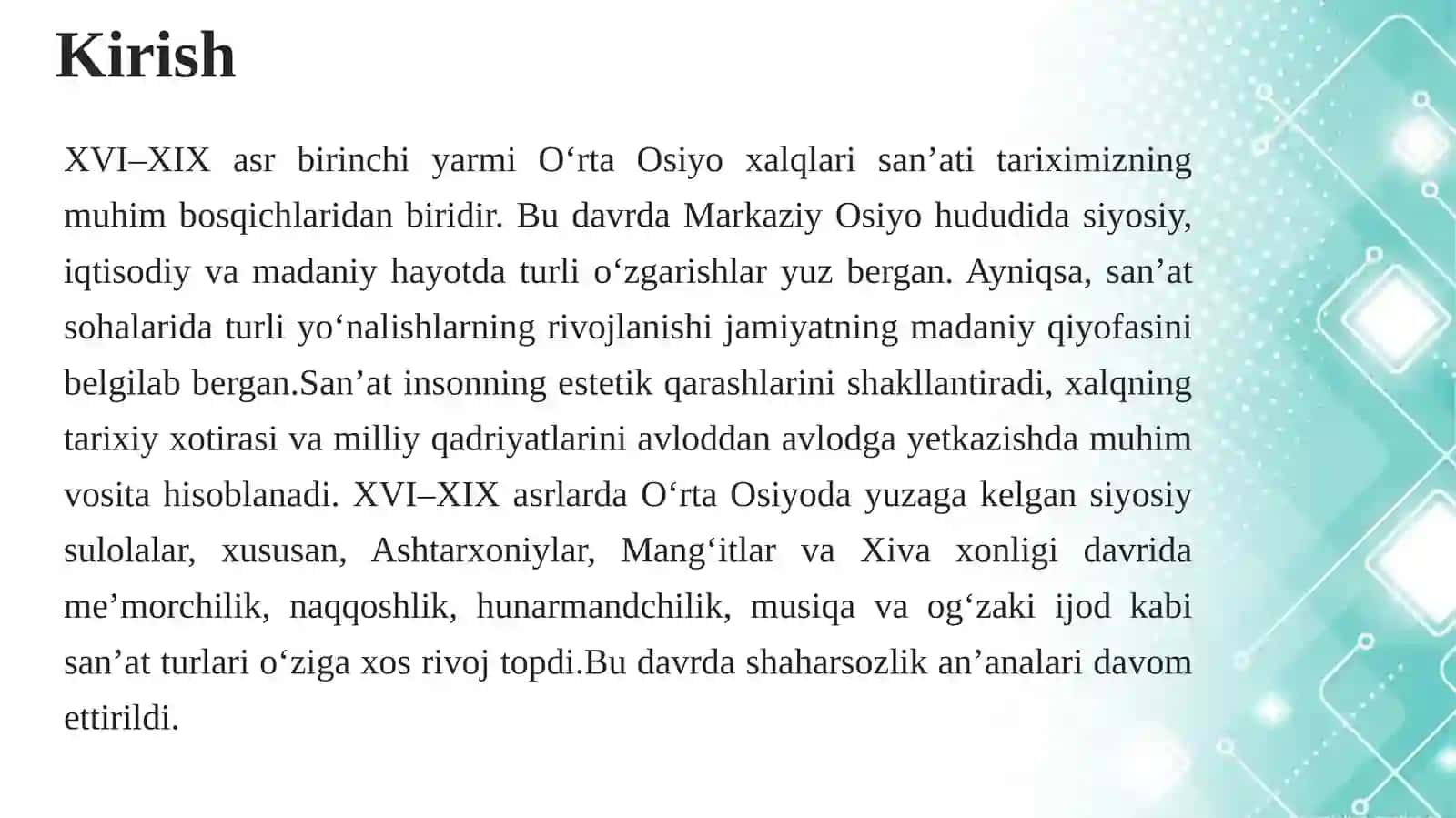 XVI-XIX asr birinchi yarmi O'rtta Osiyo xalqlari san'ati 3