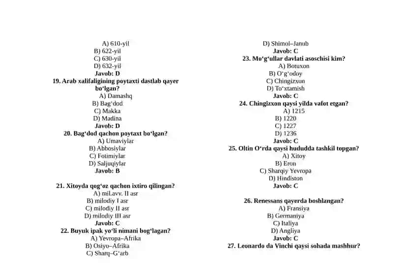 JAHON TARIXI TESTLARI (120 ta) 3