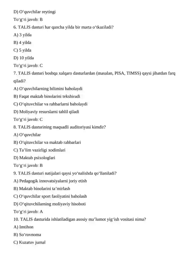 TALIS xalqaro baholash dasturi mazmun va mohiyati. test 3
