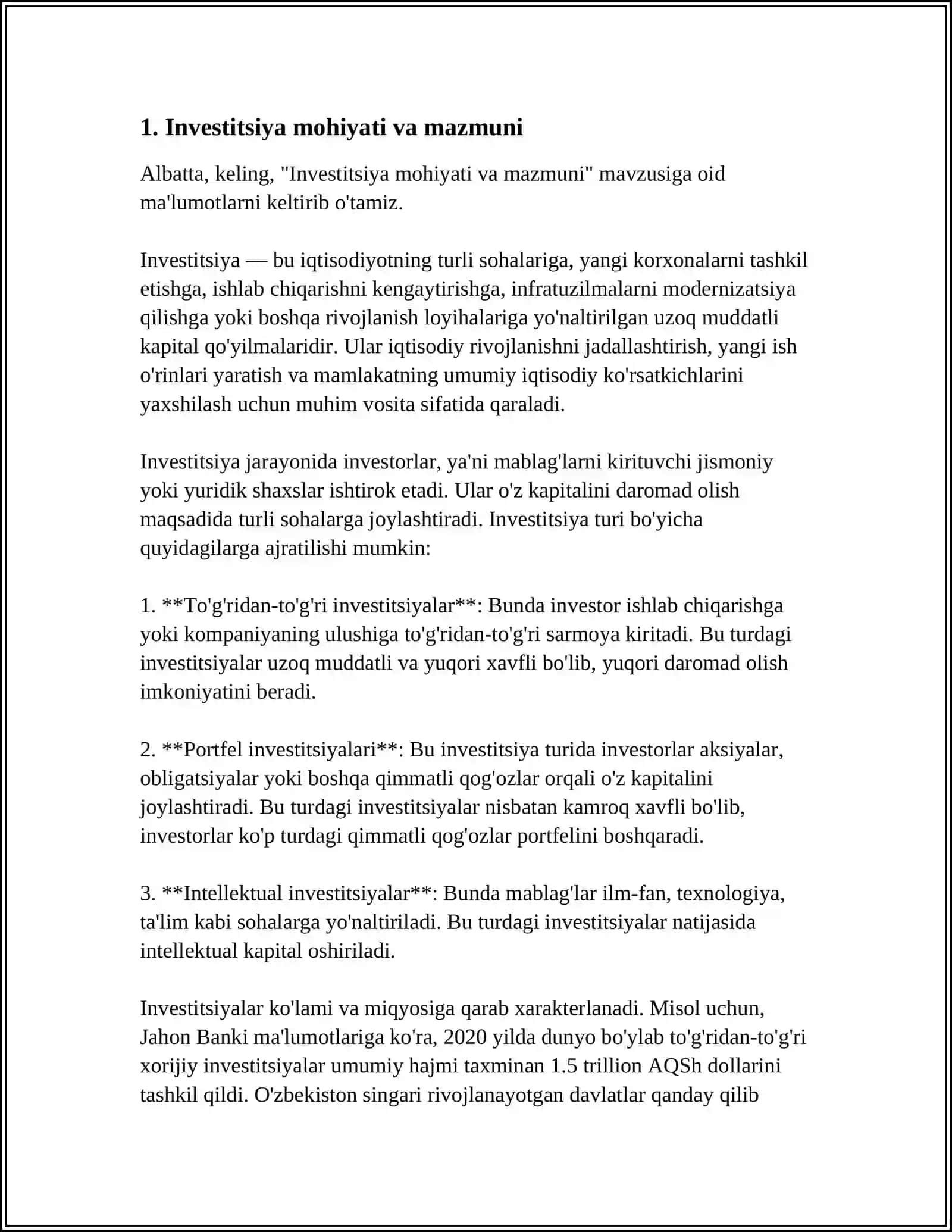 INVESTITSIYA MOHIYATI, IQTISODIY MAZMUNI VA TURLARI 3