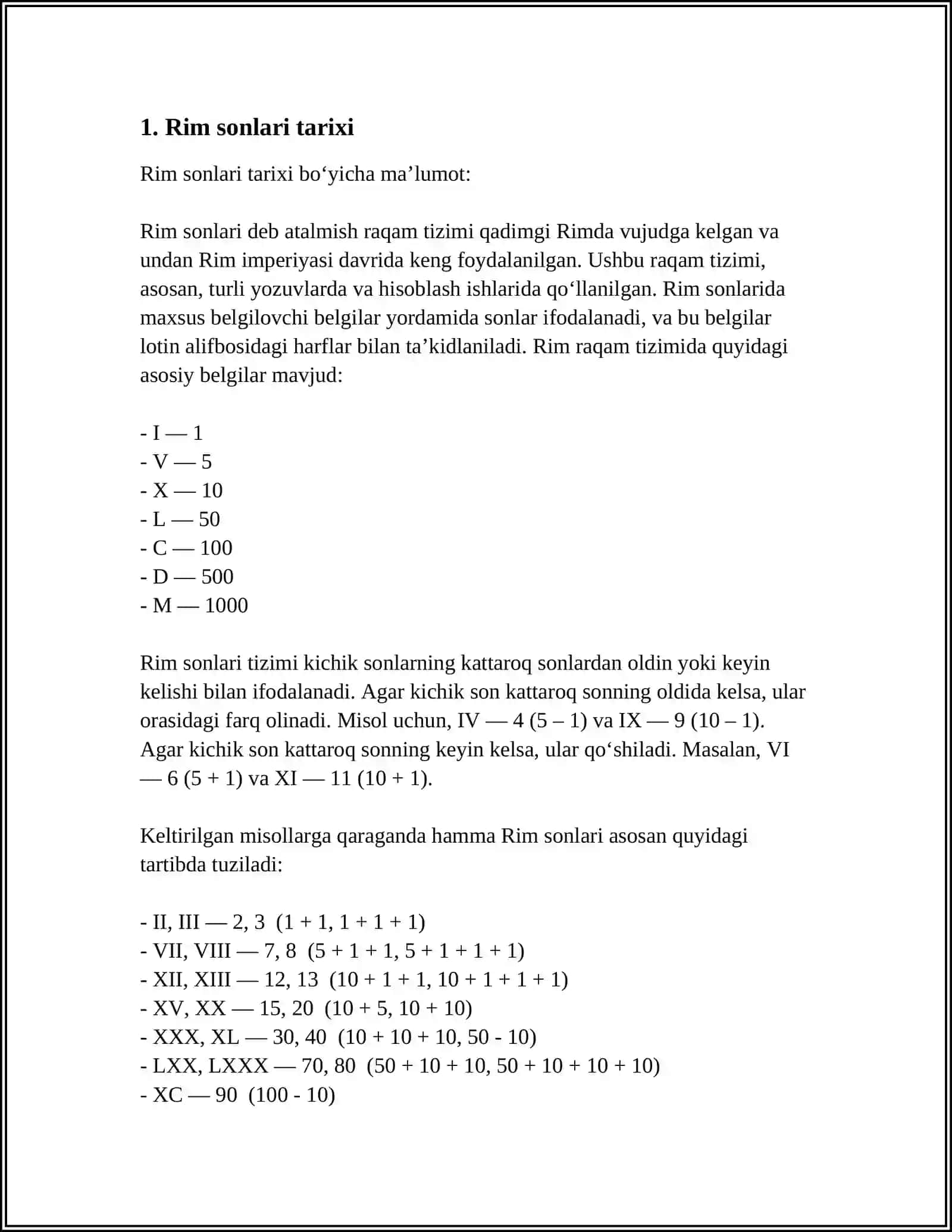 MUSTAQIL ISH Mavzu: RIM SONLARI 3