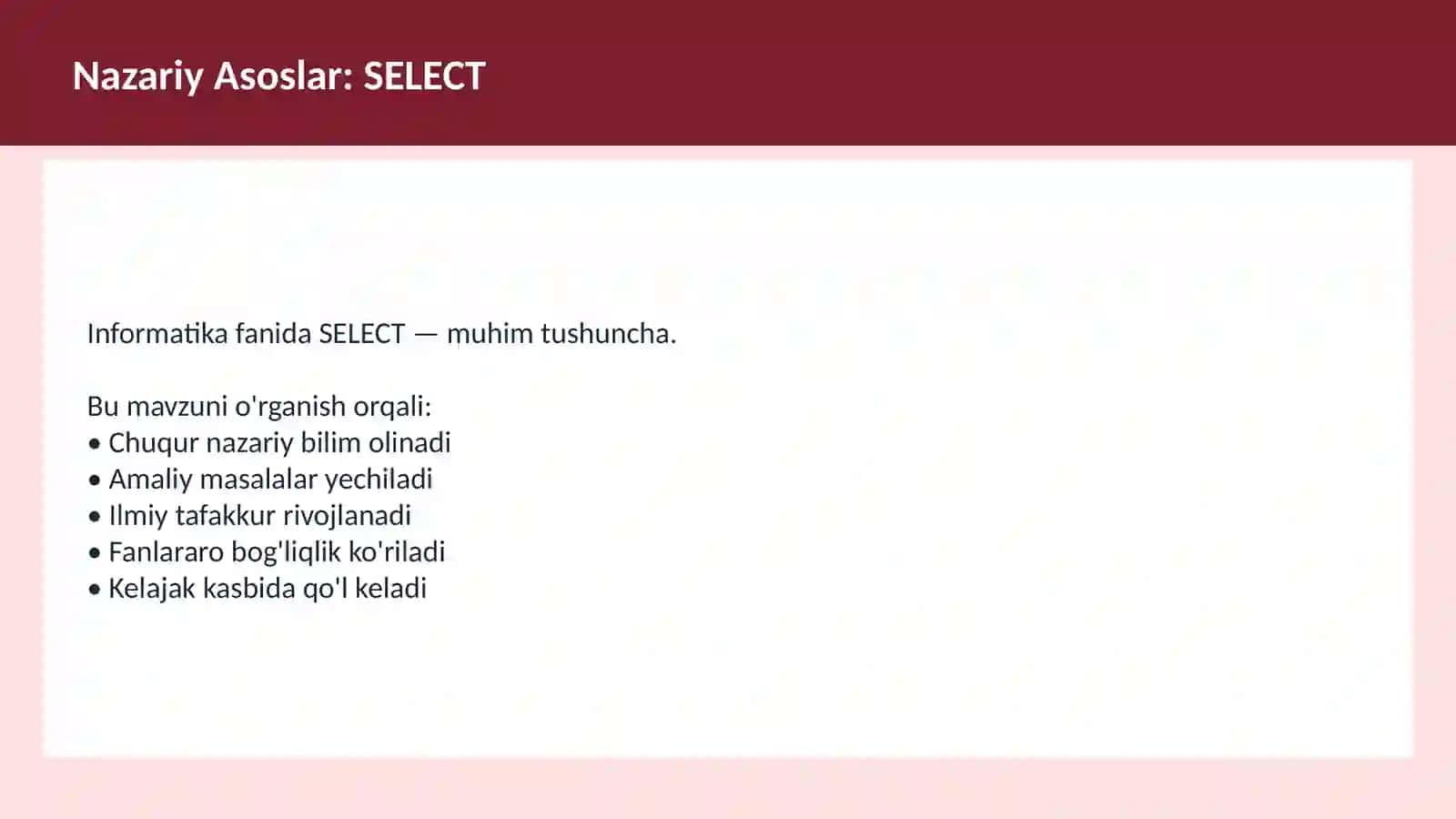 SQL O'qituvchilar va talabalar uchun dars ishlanma 3