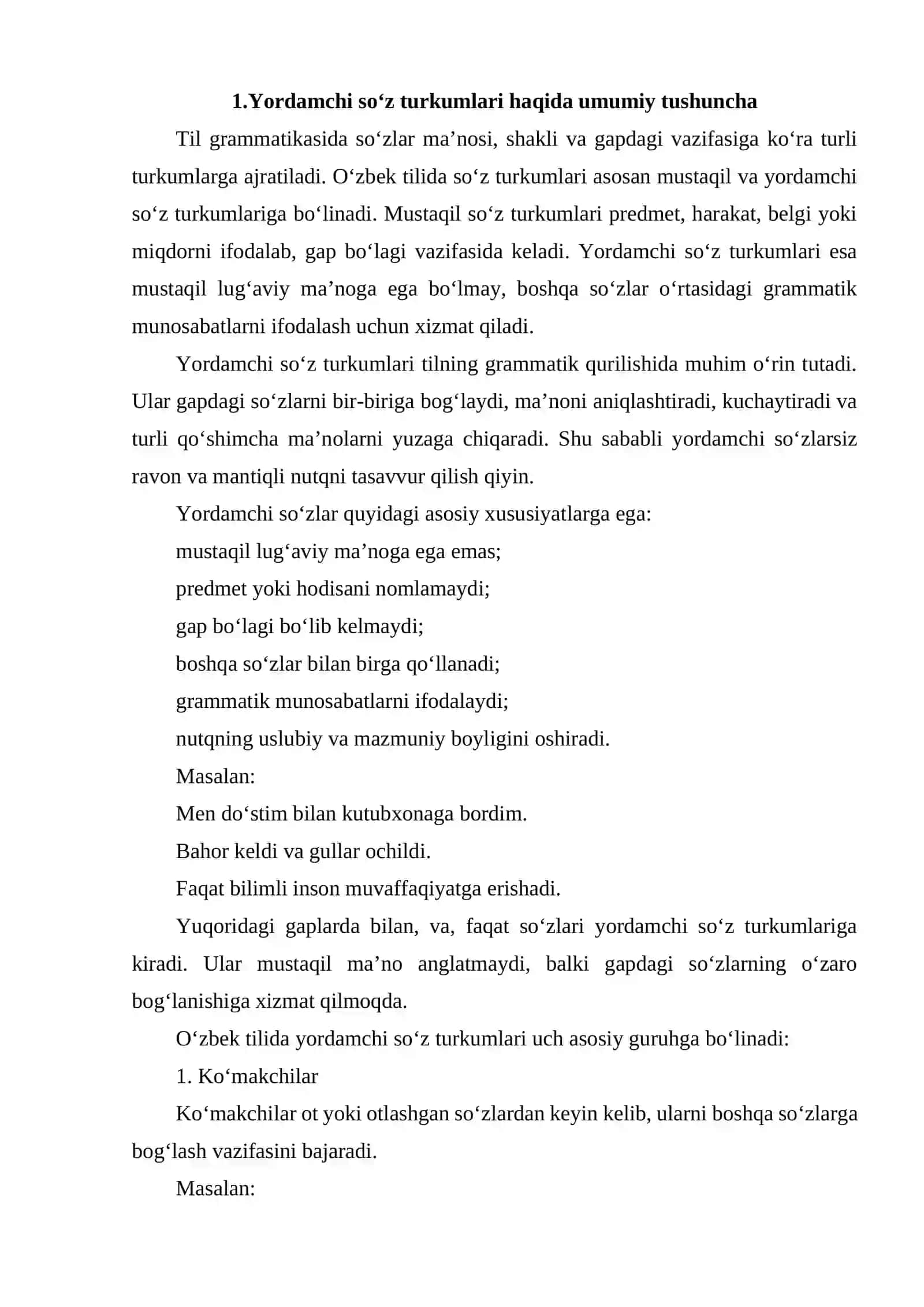YORDAMCHI SO'Z TURKUMLARINING TA'RIFI, TURLARI VA GRAMMATIK XUSUSIYATLARI 3
