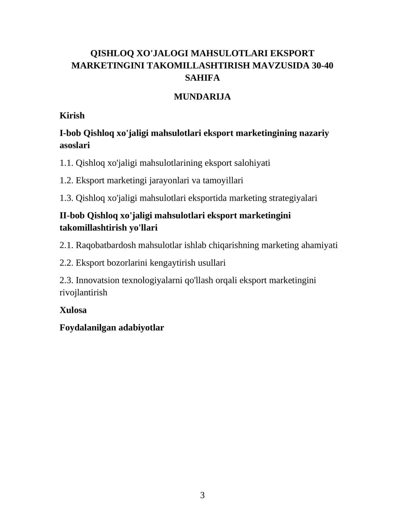 Qishloq xo'jalogi mahsulotlari eksport marketingini takomillashtirish mavzusida 30-40 sahifa 3