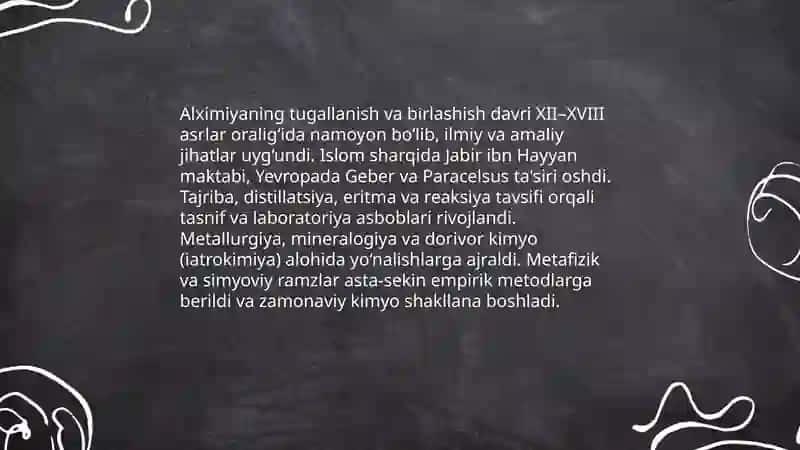 Alximiyaning tugallanishi va birlashish davri.Bionoorganik middalar 3