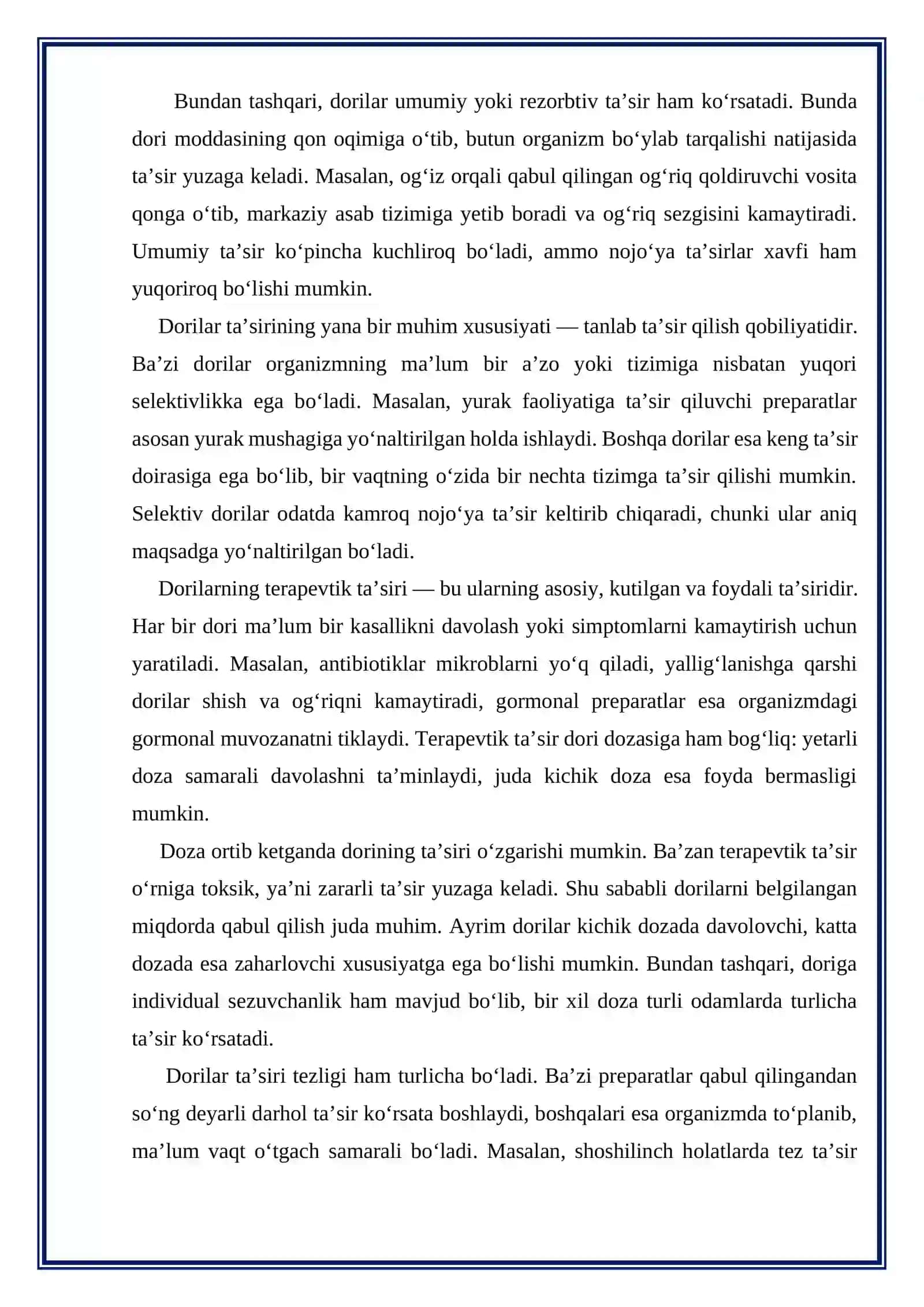 Dorilarning ta’sir turlari. Dorilarning nojo’ya ta’siri va uning oldini olish 3