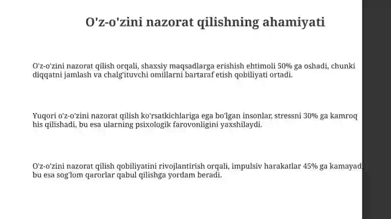 O'z o'zini nazorat qilish va jismoniy tayyorgarliklari va jismoniy holatini aniqlash 3