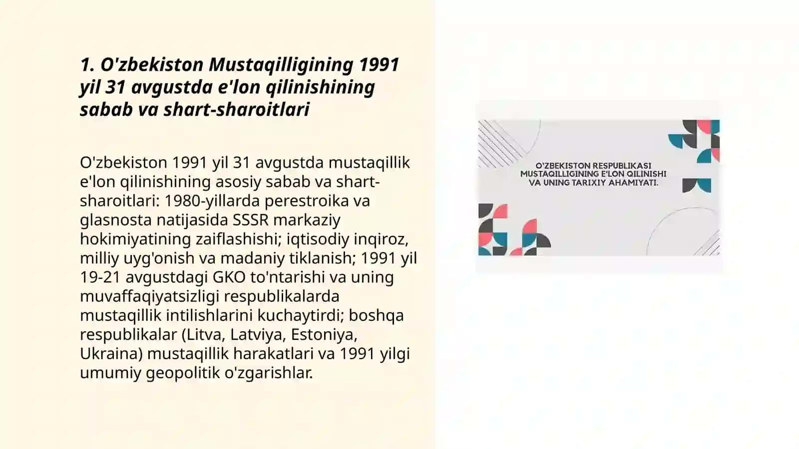 O'zbekiston Mustaqilligining e'lon qilinishi va uning tarixiy ahamiyati 3