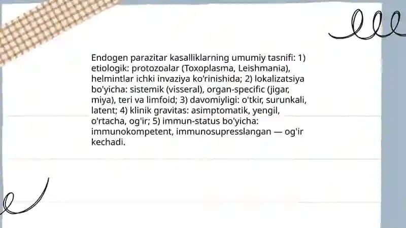 Endogen parazitar kasalliklar klassifikasiyasi, patogenezi, laboratoriya tashxisi 3
