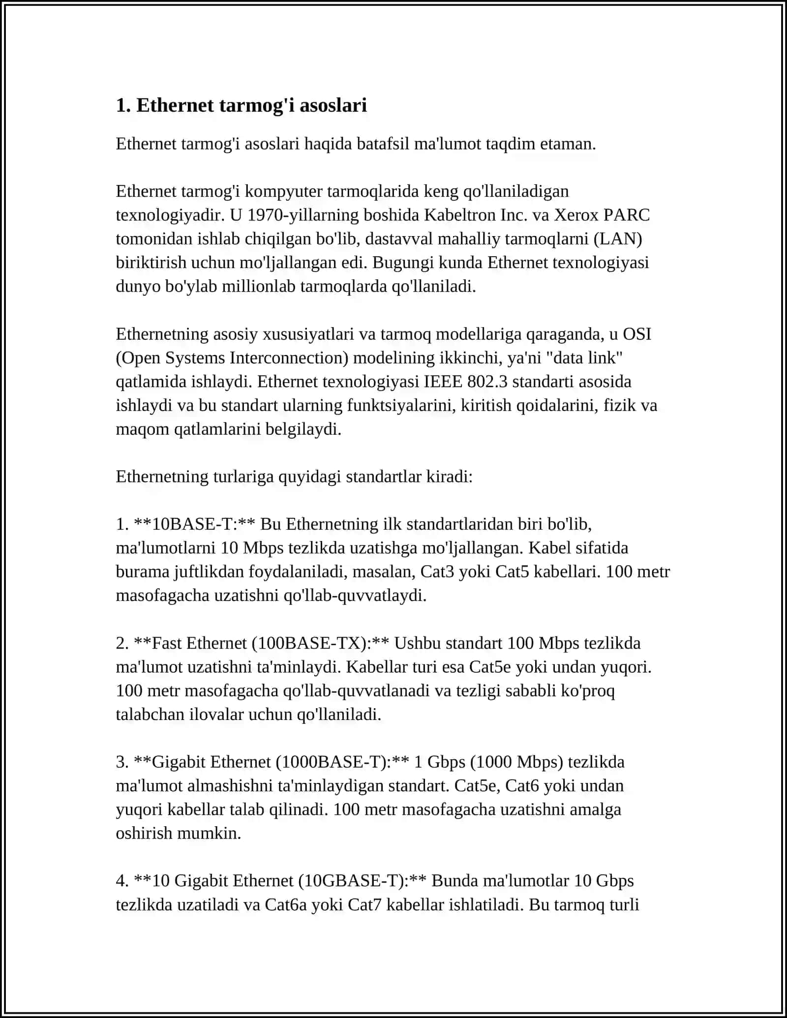 MUSTAQIL ISH Mavzu: ETHERNET, FAST ETHERNET, GIGABIT ETHERNET TA'RIFI 3