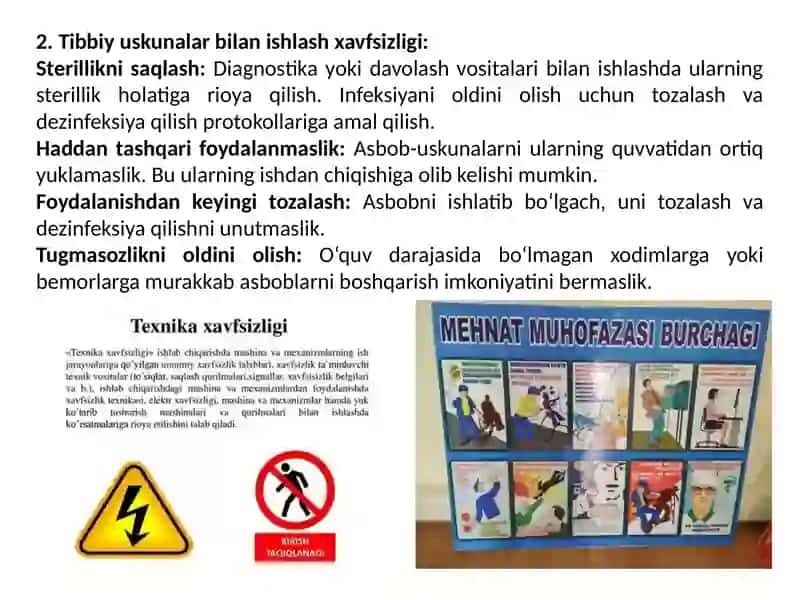 Tibbiyot texnikalari bilan ishlashda texnika xavfsizlik qoidalari. Elektr tibbiyot qurilmalari va apparatlari bilan ishlash texnikalari 3