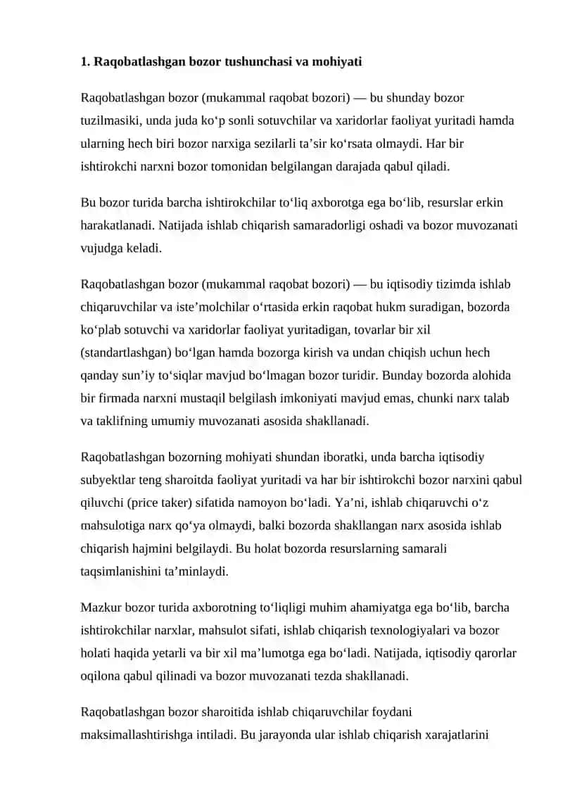 Raqobatlashgan bozorlar va ularning boshqa bozor turlaridan farqi 3