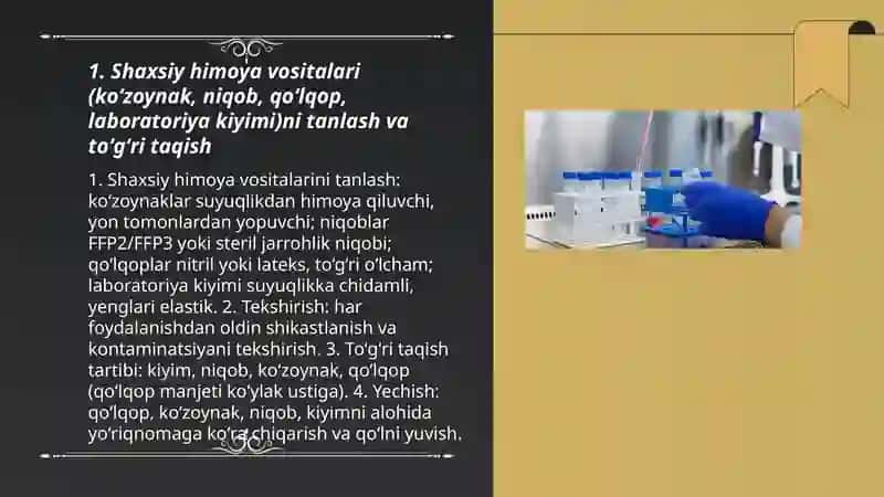 Laboratoriya xodimlarining biomaterial bilan ishlashda himoya choralari 3