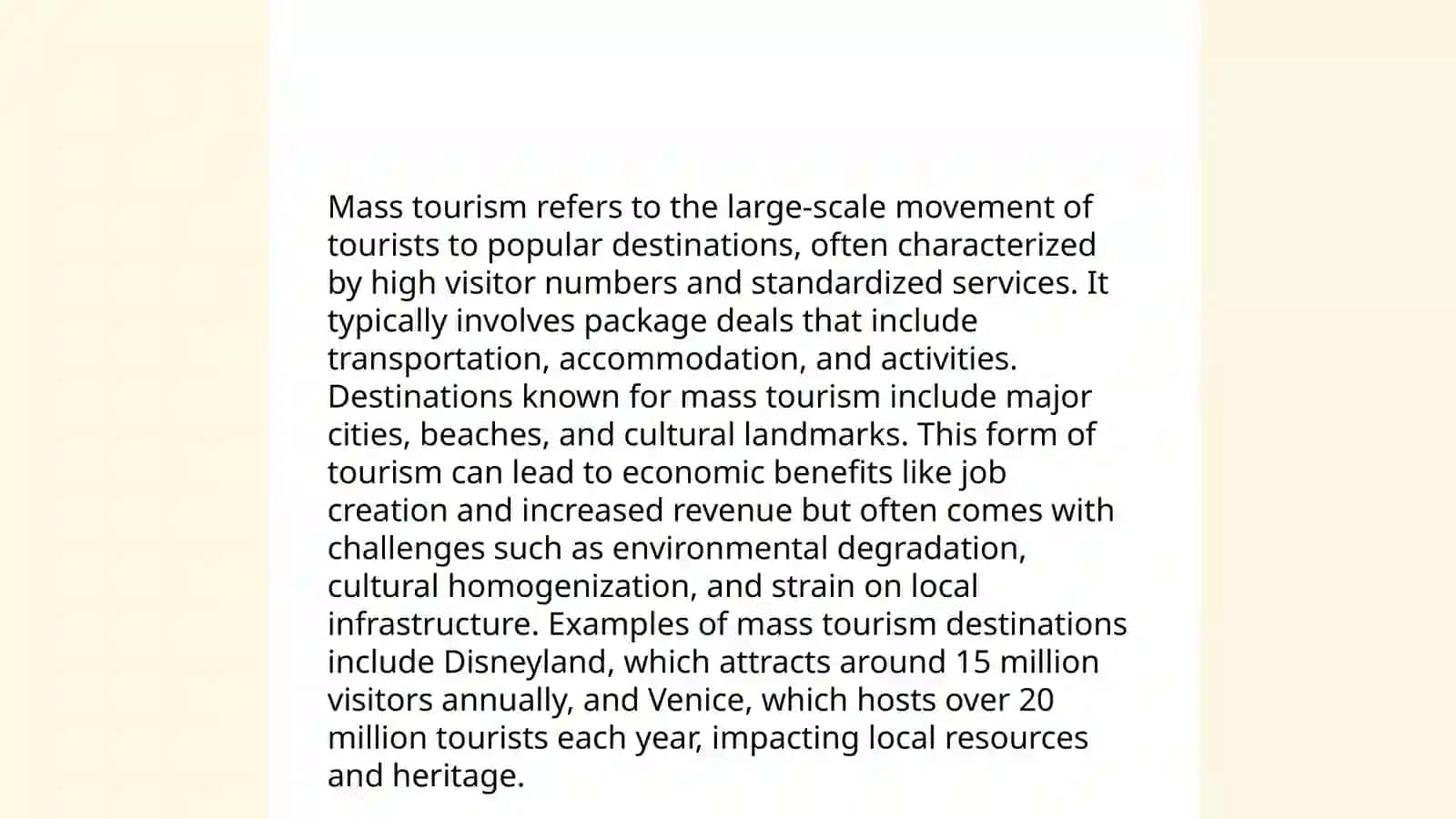 Types of Tourism: Define and give examples of mass, niche, eco, and adventure tourism 3
