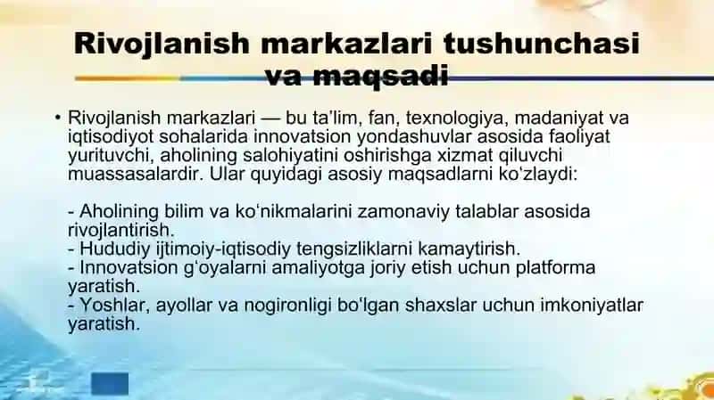 Rivojlanish markazlarida olib boriladigan ish jarayonlari 3