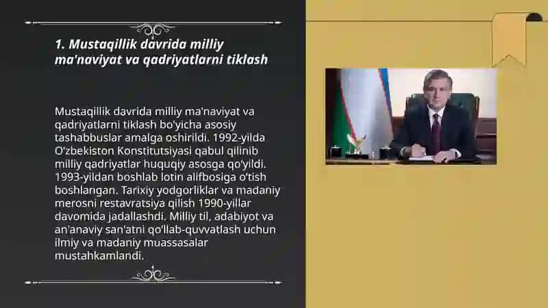 Mustaqillik yillarida Oʻzbekistondagi manaviy madaniy taraqqiyot 3