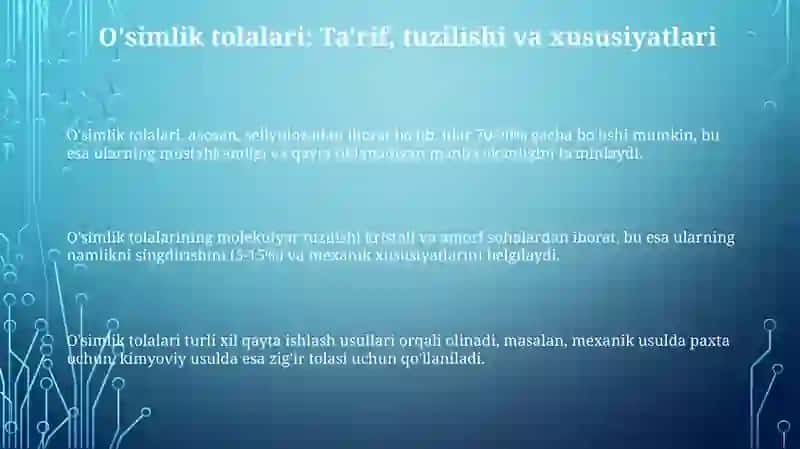 Oʻsimliklar asosida olinadigan tolalar, tuzilishi va xossalari 3